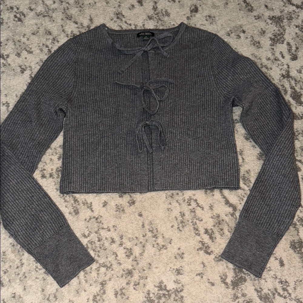 Gray Ribbed Knit Tie-Front Sweater